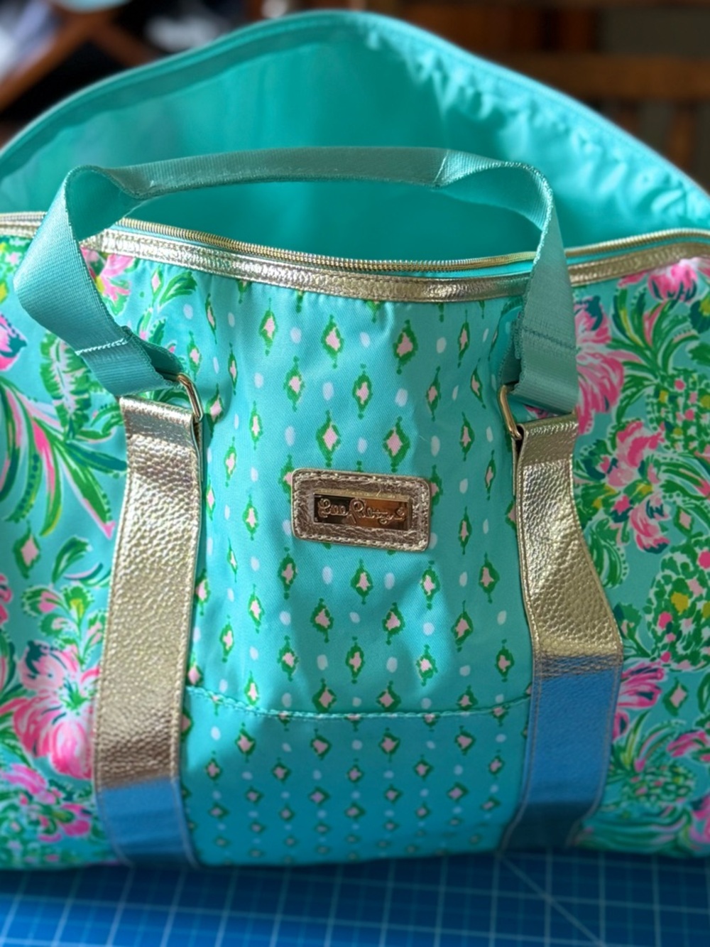 Lilly Pulitzer Turquoise Floral Tote with Gold Accents